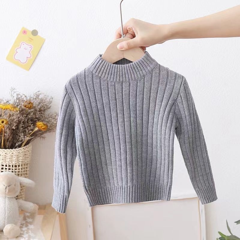 Παιδικό πλεκτό πουλόβερ με γούνα κουνελιού, παχιά πλέξη, μακριά μανίκια, στρογγυλό λαιμό