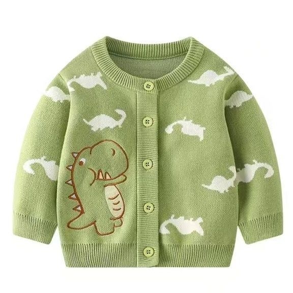 Unisex pamučni pleteni kardigan za bebe i malu djecu, dugi rukavi, prednje zatvaranje s jednim gumbom, uzorak dinosaura, crtani stil, proljeće-jesen, dob 1–3 godine