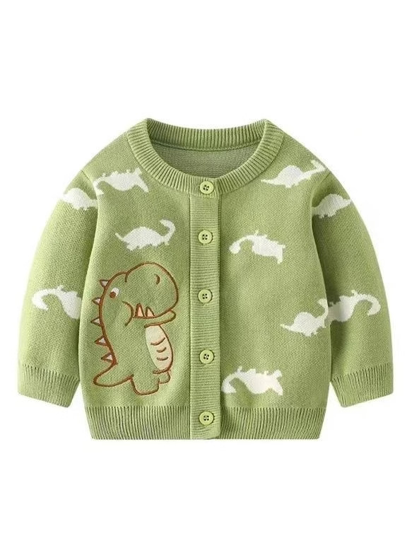 Unisex pamučni pleteni kardigan za bebe i malu djecu, dugi rukavi, prednje zatvaranje s jednim gumbom, uzorak dinosaura, crtani stil, proljeće-jesen, dob 1–3 godine