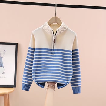 Dječji pleteni pamukasti džemper s fleece navlakom, debeli zimskog, karirani uzorak, okrugli ovratnik, dugi rukavi