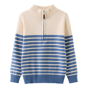 Dječji pleteni pamukasti džemper s fleece navlakom, debeli zimskog, karirani uzorak, okrugli ovratnik, dugi rukavi