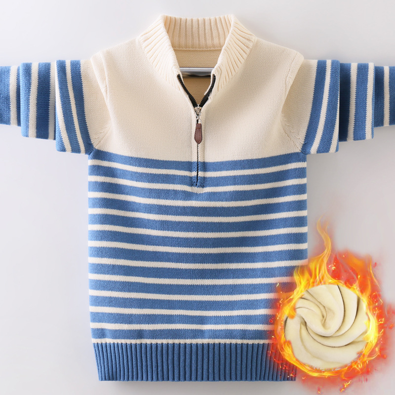 Dječji pleteni pamukasti džemper s fleece navlakom, debeli zimskog, karirani uzorak, okrugli ovratnik, dugi rukavi
