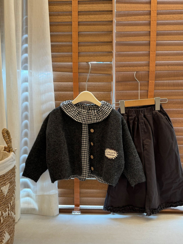 Dječji pleteni kardigan u korejskom stilu za djevojčice, okrugli izrez, dugi rukavi, angora smjesa 50%