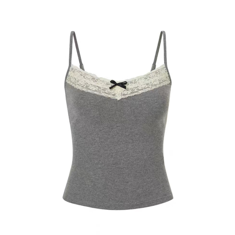 Pamukasti top s čipkom i mašnicom, naramenice sling, ugrađena podrška za prsa, V izrez, gusta tkanina 251–300 g/m²
