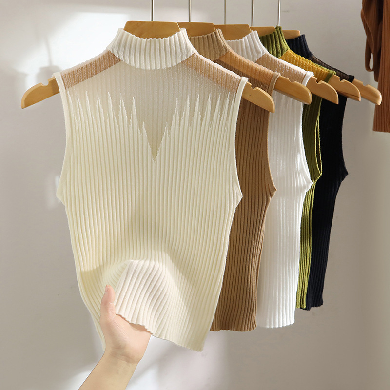 Ženski top s izrezom i polu-visokim ovratnikom, bez naramenica, kratki ljetni top; Ice Silk materijal, 70–80% poliester, uski kroj