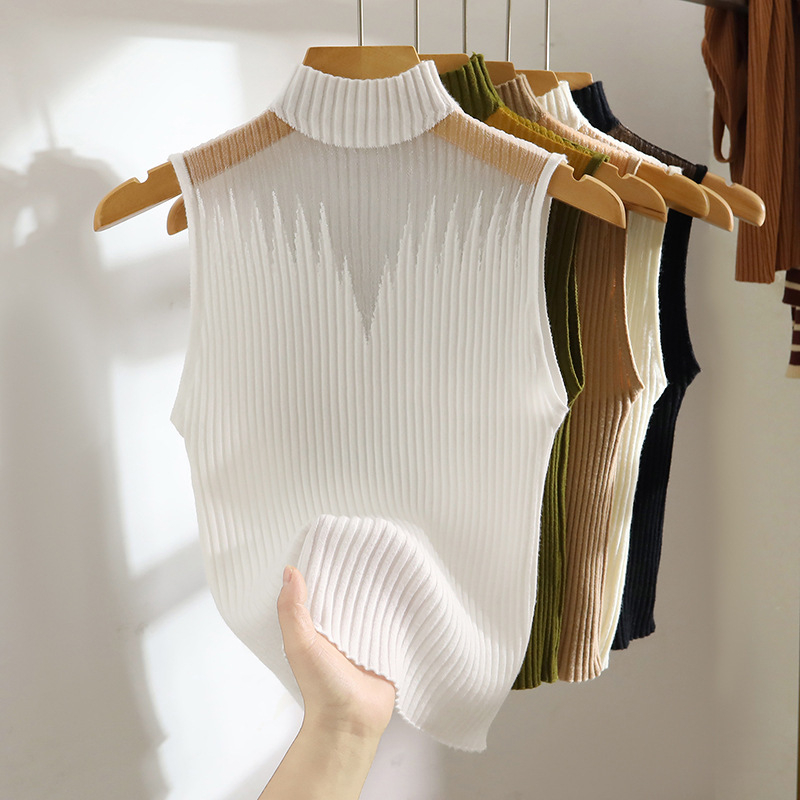 Ženski top s izrezom i polu-visokim ovratnikom, bez naramenica, kratki ljetni top; Ice Silk materijal, 70–80% poliester, uski kroj