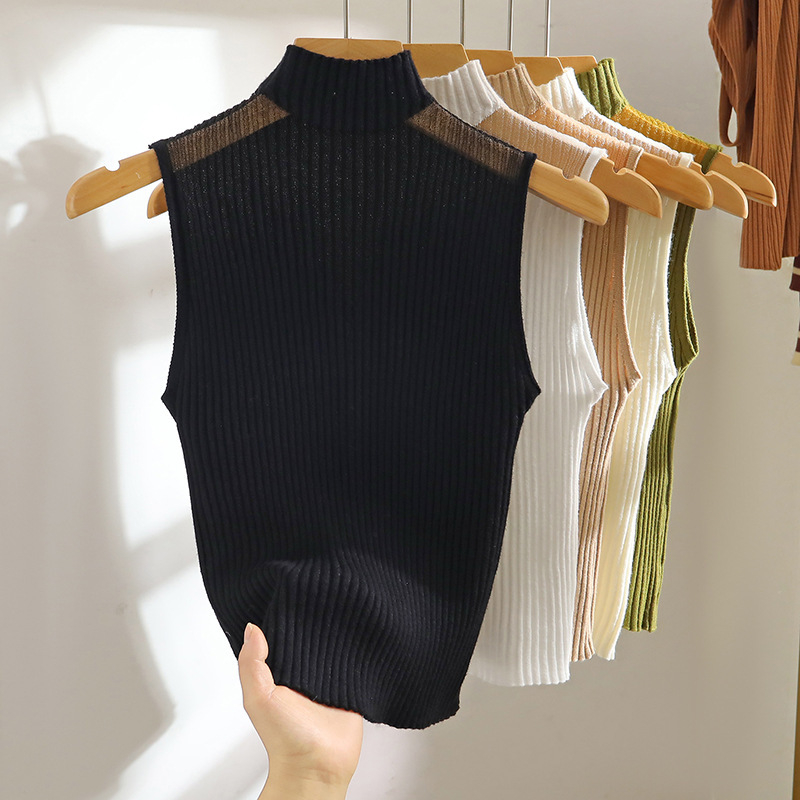 Ženski top s izrezom i polu-visokim ovratnikom, bez naramenica, kratki ljetni top; Ice Silk materijal, 70–80% poliester, uski kroj