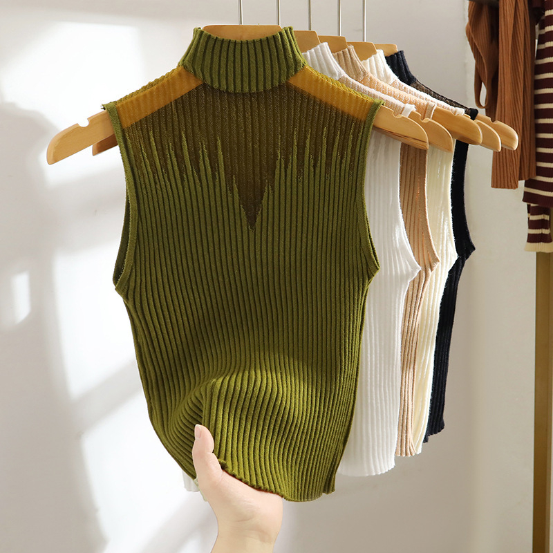 Ženski top s izrezom i polu-visokim ovratnikom, bez naramenica, kratki ljetni top; Ice Silk materijal, 70–80% poliester, uski kroj