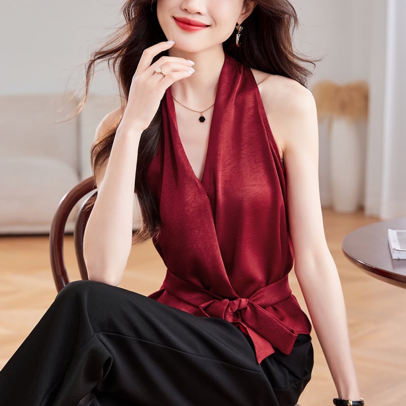 Дамски халтер топ от коприна без ръкави, тесен силует, дължина 50–65 см, еластан под 30% в състава, пролет-лято 2025