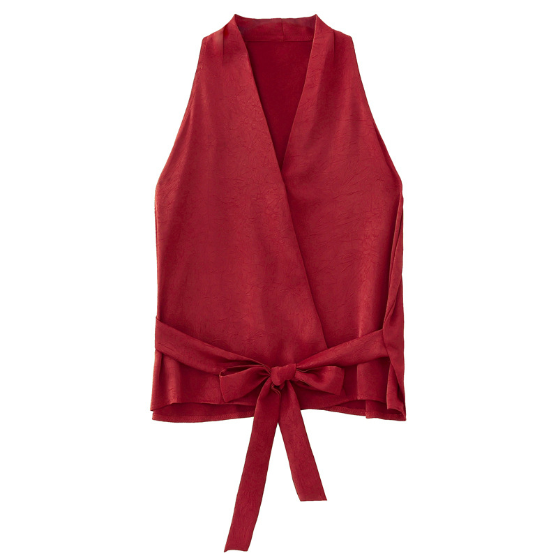 Дамски халтер топ от коприна без ръкави, тесен силует, дължина 50–65 см, еластан под 30% в състава, пролет-лято 2025