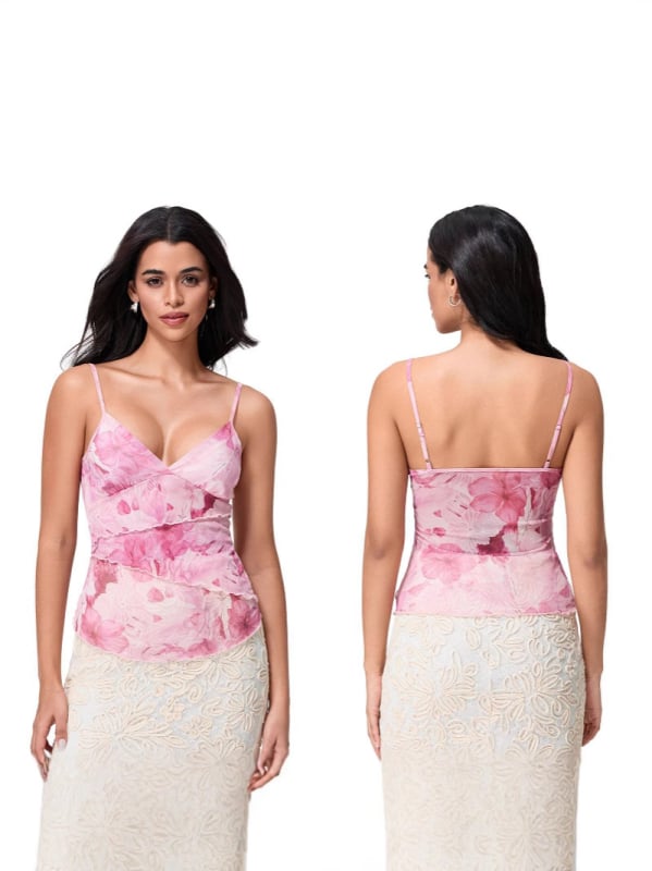 Top s trakama u sling stilu, cvjetni print, uska silueta, poliester