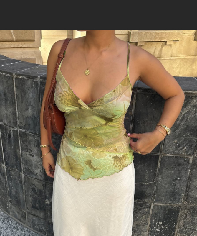 Top s trakama u sling stilu, cvjetni print, uska silueta, poliester