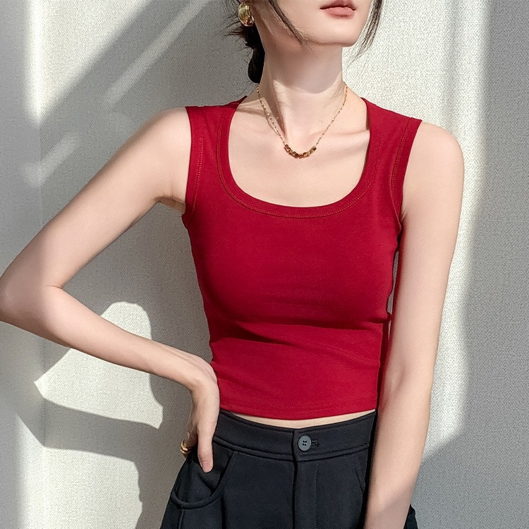 Korejski stil pamukasta majica bez rukava sa širokim rameni, s jastučićem za prsa i sunđerastim jastučićem, četvrtasti izrez, 90–95% pamuka, 181–200 g/m2