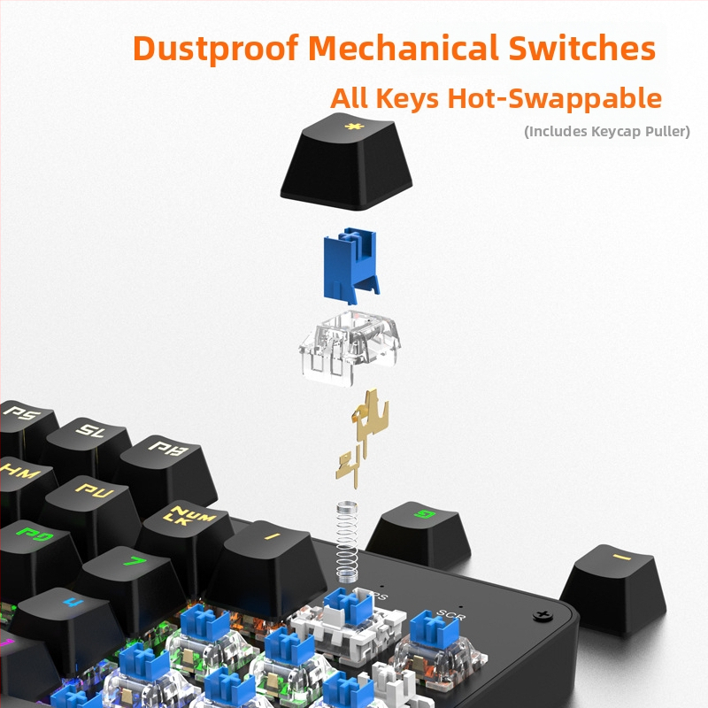 Mehaaniline klaviatuur 104 klahviga, juhtmega ühendus, hot-plug tugi ja taustvalgustus