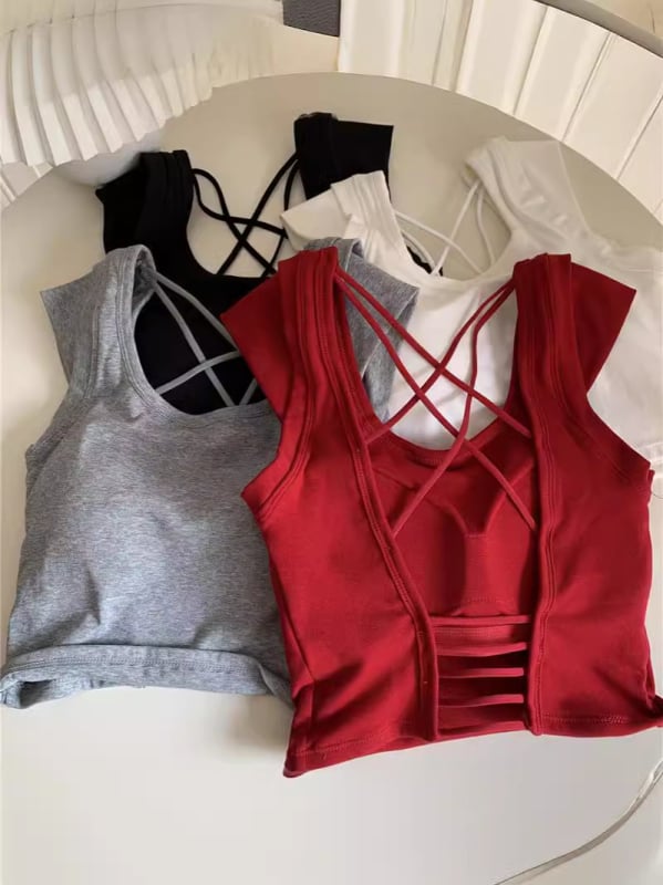 Ženski camisole s prekriženim leđima i otvorenim leđima, pamuk 95%+, uski kroj, vrlo kratka duljina do 40 cm, Ljeto 2024