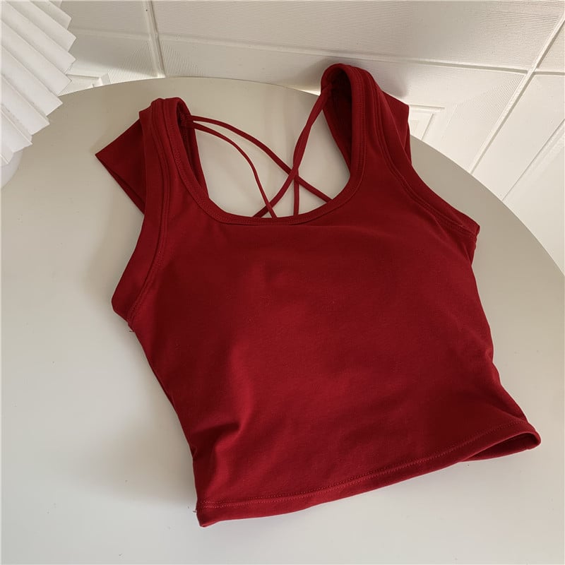 Ženski camisole s prekriženim leđima i otvorenim leđima, pamuk 95%+, uski kroj, vrlo kratka duljina do 40 cm, Ljeto 2024