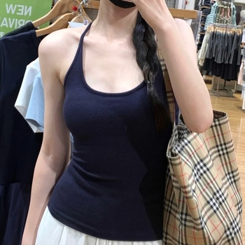 Ženski halter top s ugrađenim jastučićima za grudi, uski kroj, kratka duljina, jednobojan, korejski ležerni stil