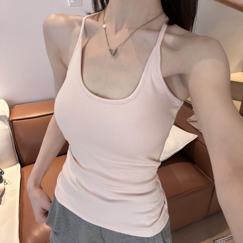 Ženski halter top s ugrađenim jastučićima za grudi, uski kroj, kratka duljina, jednobojan, korejski ležerni stil