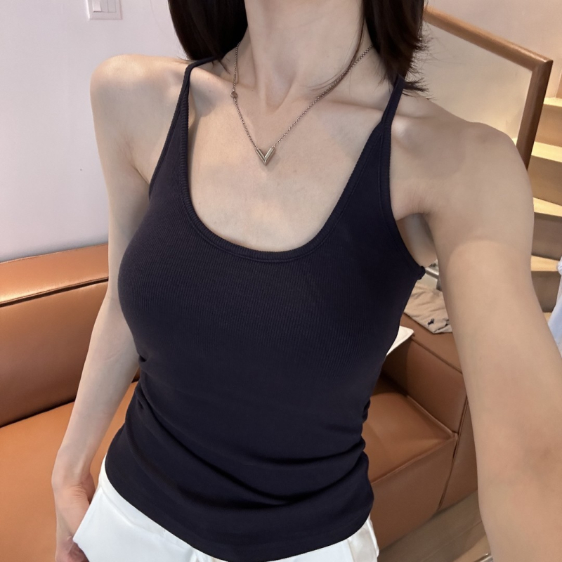 Ženski halter top s ugrađenim jastučićima za grudi, uski kroj, kratka duljina, jednobojan, korejski ležerni stil