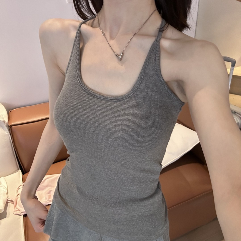 Ženski halter top s ugrađenim jastučićima za grudi, uski kroj, kratka duljina, jednobojan, korejski ležerni stil