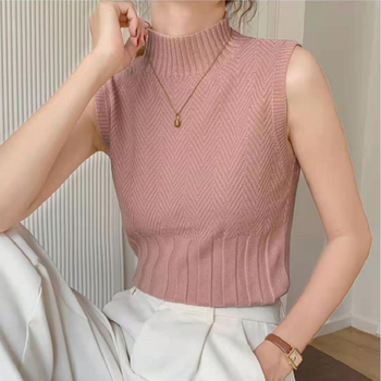 Ženski pleteni top bez naramenica, uski kroj, poluvisoki ovratnik, poliester, 50-70% poliester i <30% regeneriranog celuloznog vlakna