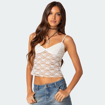 Ženski Camisole s V izrezom, čipka, otvorena leđa, uski kroj, kratka duljina 40–50 cm, poliester, jednobojni uzorak