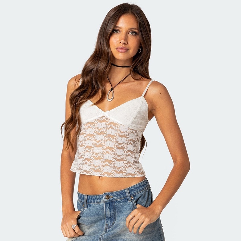 Ženski Camisole s V izrezom, čipka, otvorena leđa, uski kroj, kratka duljina 40–50 cm, poliester, jednobojni uzorak