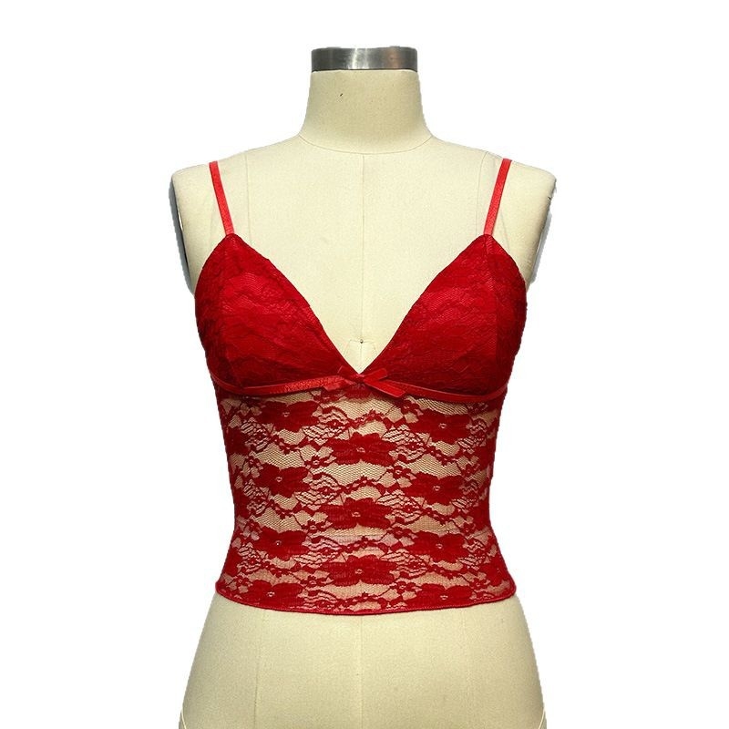 Ženski Camisole s V izrezom, čipka, otvorena leđa, uski kroj, kratka duljina 40–50 cm, poliester, jednobojni uzorak
