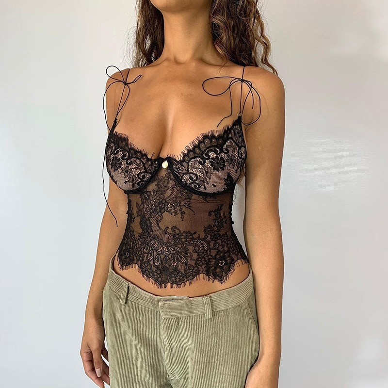 Ženski Camisole s V izrezom, čipka, otvorena leđa, uski kroj, kratka duljina 40–50 cm, poliester, jednobojni uzorak
