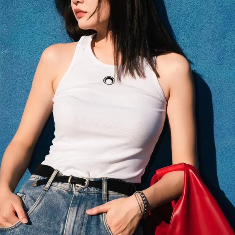 I-oblika tank top s izvezom mjeseca, pamuk 95%+, spandeks <30%, Slim verzija, street hipster stil, naramenice nedemontabilne, dvostruke naramenice