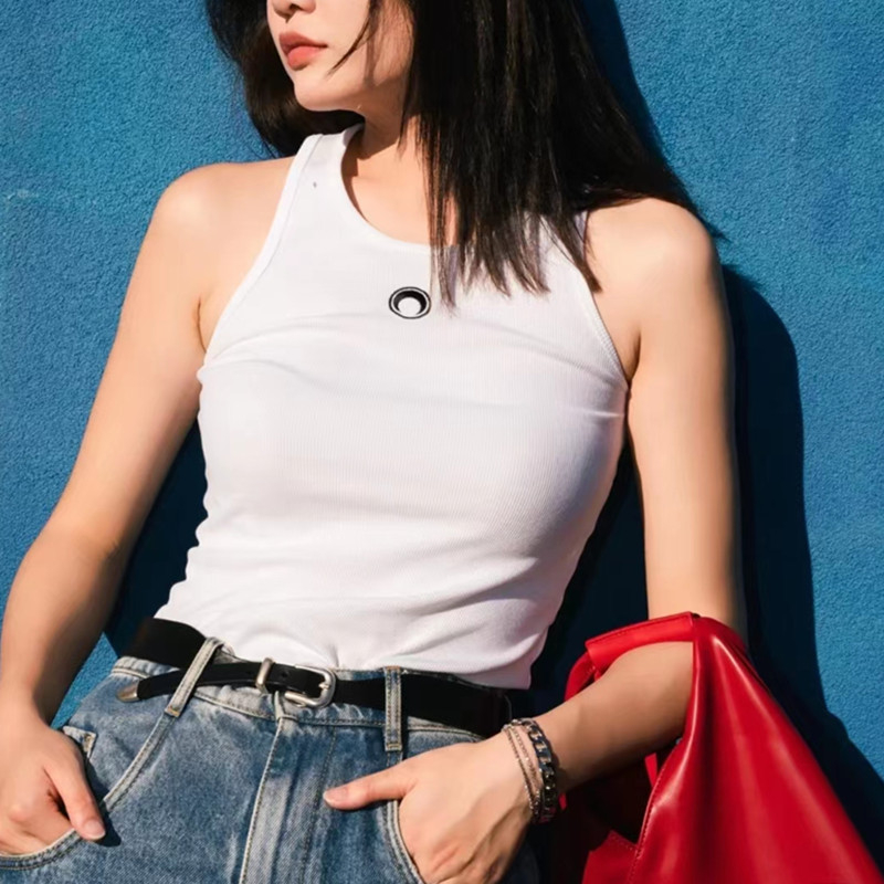 I-oblika tank top s izvezom mjeseca, pamuk 95%+, spandeks <30%, Slim verzija, street hipster stil, naramenice nedemontabilne, dvostruke naramenice