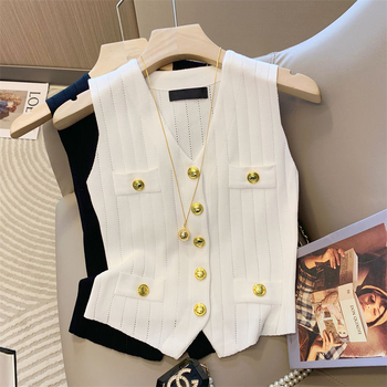 V-izrez kratki bez rukava pleteni top, Ice Silk, opušten kroj, kratka duljina, ljeto 2025 retro stil