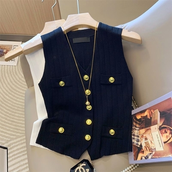 V-izrez kratki bez rukava pleteni top, Ice Silk, opušten kroj, kratka duljina, ljeto 2025 retro stil