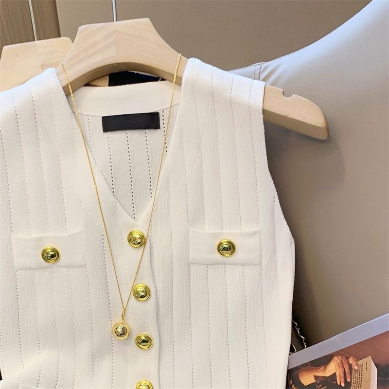 V-izrez kratki bez rukava pleteni top, Ice Silk, opušten kroj, kratka duljina, ljeto 2025 retro stil