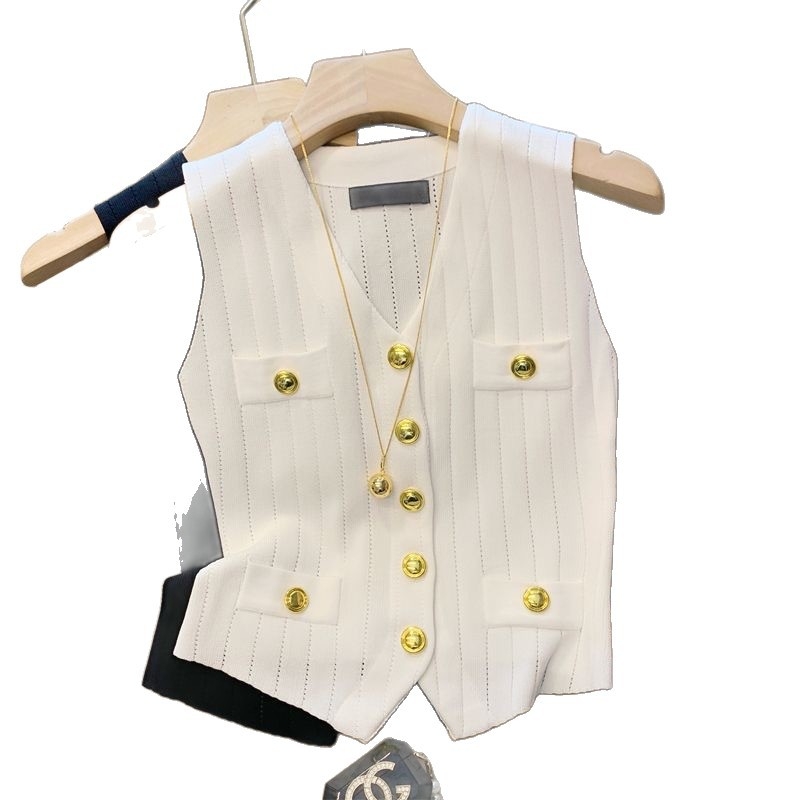 V-izrez kratki bez rukava pleteni top, Ice Silk, opušten kroj, kratka duljina, ljeto 2025 retro stil