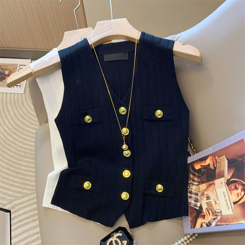 V-izrez kratki bez rukava pleteni top, Ice Silk, opušten kroj, kratka duljina, ljeto 2025 retro stil