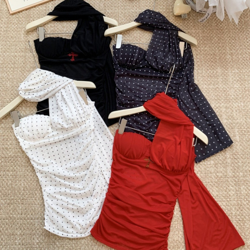 Halterneck camisole su taškuotais – rayon audinys, sudėtis 50–70%, stilius: krūtinės apsivynimas, miesto stilius; tinka visiems sezonams, išleidimas 2025 m. ruduo