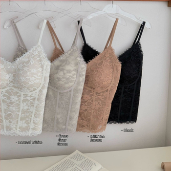 Moterų nėrinių camisole su V formos iškirpte, sling stilius, krūties pagalvėlė, nailono nėriniai, ultra plonas audinys 81–100 g/m²