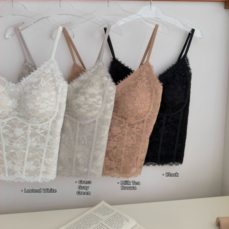 Moterų nėrinių camisole su V formos iškirpte, sling stilius, krūties pagalvėlė, nailono nėriniai, ultra plonas audinys 81–100 g/m²