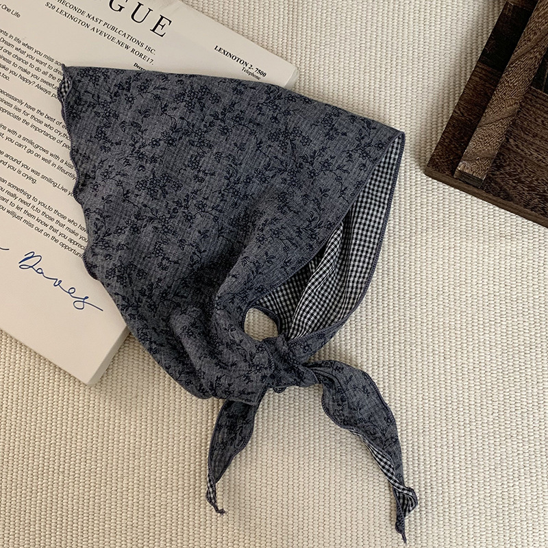 Μαντήλι κεφαλής από πολυεστέρα, διπλής όψης καρό, τρίγωνος φουλάρι, λαστιχάκι μαλλιών, άνοιξη 2025