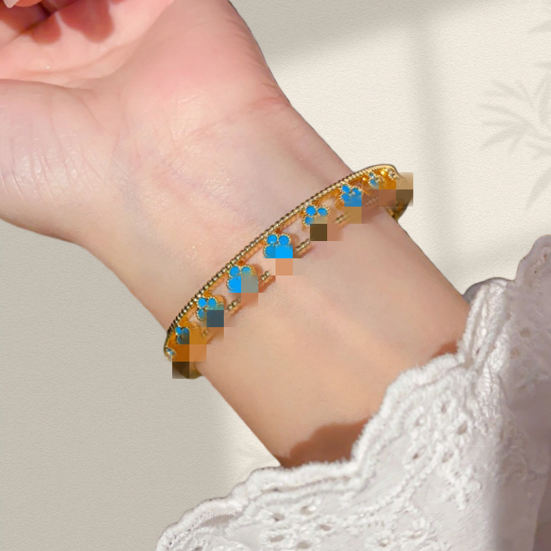 Brățară cu trifoi cu patru foi, margine cu mărgele și design gol, cu diamant, Jin Huiteng, 19 g (Material: Cupru; Brand: Jin Huiteng; Procesare: Diamant; Greutate: 19 g)