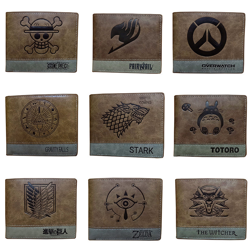 Lühike bi-fold PU nahast rahakott, millel on Survey Corps logo ja Wing of Liberty motiiv, värviblokk disain; anime muster; vooder sünteetilise nahaga; linna minimalistlik stiil.