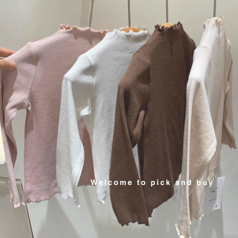 Top de bază pentru fete, stil coreean, velur, mâneci lungi, guler mediu, margine cu volane