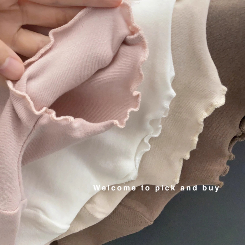 Top de bază pentru fete, stil coreean, velur, mâneci lungi, guler mediu, margine cu volane