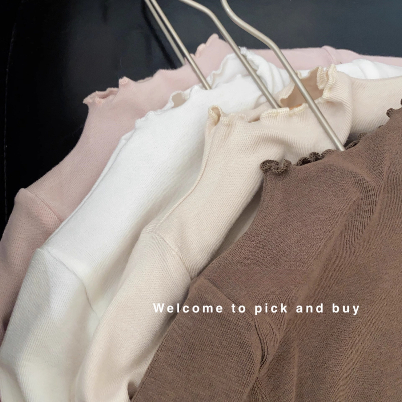 Top de bază pentru fete, stil coreean, velur, mâneci lungi, guler mediu, margine cu volane