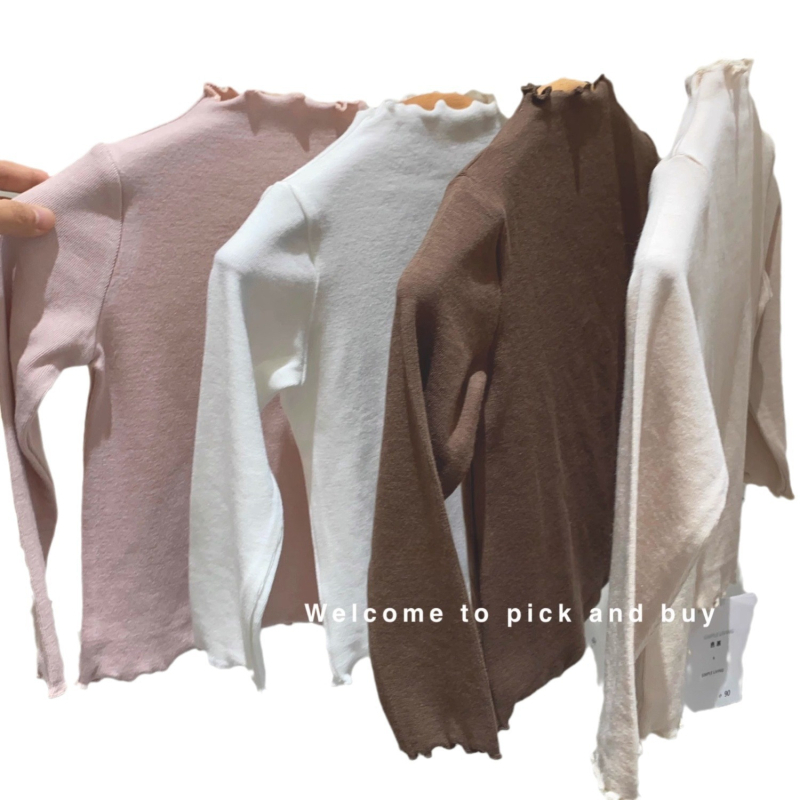 Top de bază pentru fete, stil coreean, velur, mâneci lungi, guler mediu, margine cu volane