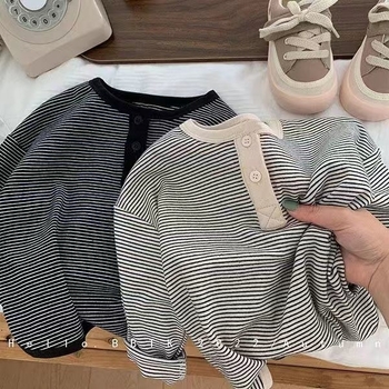 Dječja majica s dugim rukavima, unisex, pamuk-elastan smjesa, prugasta, korejskog stila, proljeće 2024