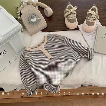 Dječja majica s dugim rukavima, unisex, pamuk-elastan smjesa, prugasta, korejskog stila, proljeće 2024