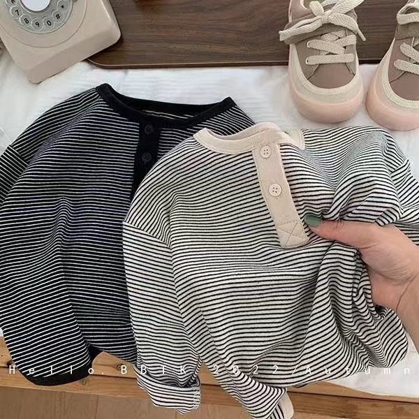 Dječja majica s dugim rukavima, unisex, pamuk-elastan smjesa, prugasta, korejskog stila, proljeće 2024