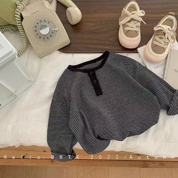 Dječja majica s dugim rukavima, unisex, pamuk-elastan smjesa, prugasta, korejskog stila, proljeće 2024